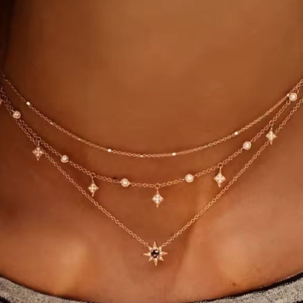 Northern Star Boho Gold triple Layered Diamond cz Necklace